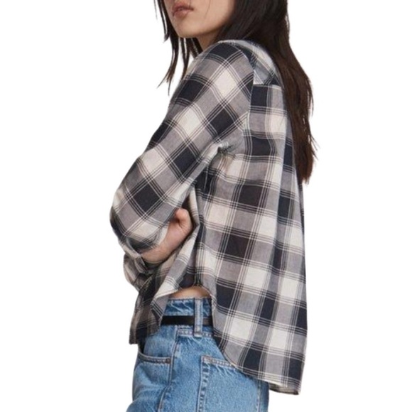 Rag and Bone Navy White Check Plaid Quinn Cropped Button Down Shirt EUC Size XXS - Picture 2 of 11